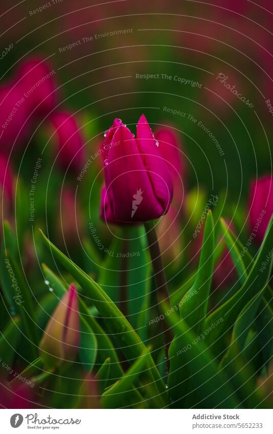 Nahaufnahme von magentafarbenen Blütentulpen mit Wassertropfen vor einem unscharfen grünen Hintergrund in den Niederlanden Tulpe Blume Blütenblatt Blütezeit