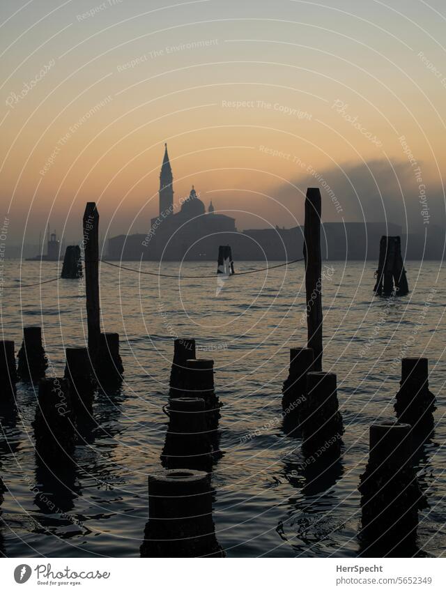 Morgenstimmung In Venedig mit Pfählen im Wasser und San Giorgio Maggiore Gondel (Boot) Italien Außenaufnahme Altstadt Hafenstadt Kanal Tourismus Wasserfahrzeug