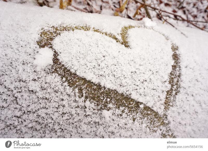 in den Schnee auf einem liegenden Baumstamm gemaltes Herz Winter Klima Wald Liebe Waldboden Liebeserklärung Klimawandel Frühlingsgefühle kalt Herzform Blog