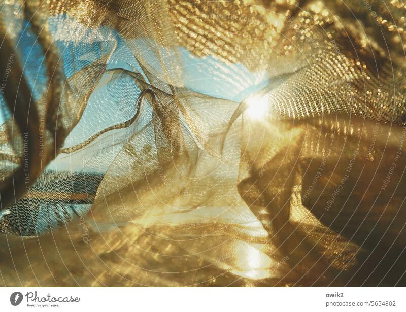 Viskose Kunstseide Netz durchscheinend glänzend Falten leuchtend Sonne halbdurchsichtig Detailaufnahme Sonnenlicht Strukturen & Formen Licht Nahaufnahme