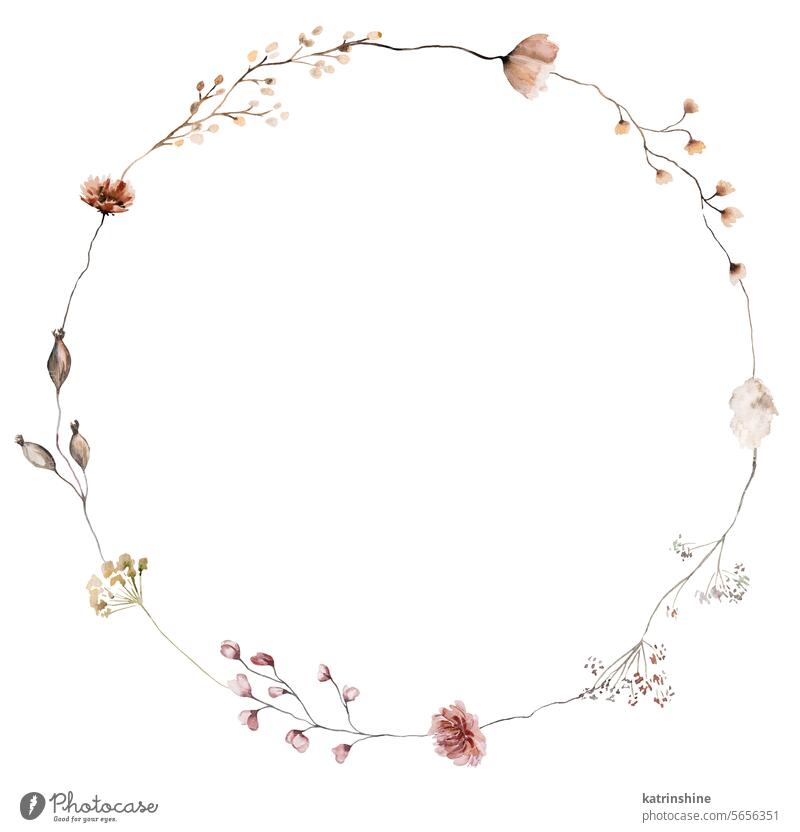 Rahmen mit Aquarell Herbst wilde Blumen und Blätter, braun und beige Hochzeit Illustration Geburtstag botanisch Zeichnung Element Garten handgezeichnet