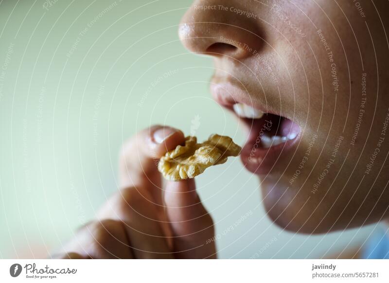 Unerkanntes Mädchen, das zu Hause eine leckere Walnuss essen will Walnussholz Kernel hungrig Nut Offener Mund frisch Diät Snack Lebensmittel Ernährung Vitamin