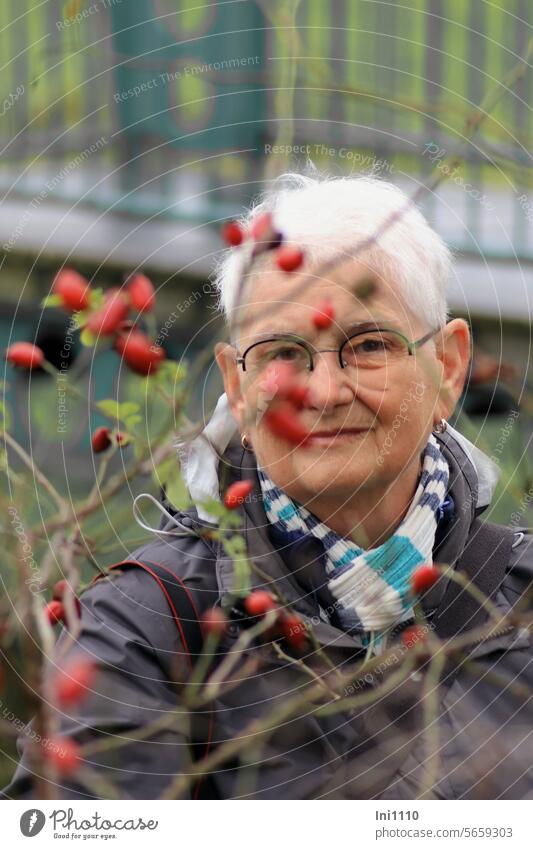 Herbstzeit |auf Motivsuche bei den Hagebutten Natur Mensch Frau freundlich schauend Seniorin Blickkontakt Fotomotiv suchend hindurchsehen Durchblick Pflanze