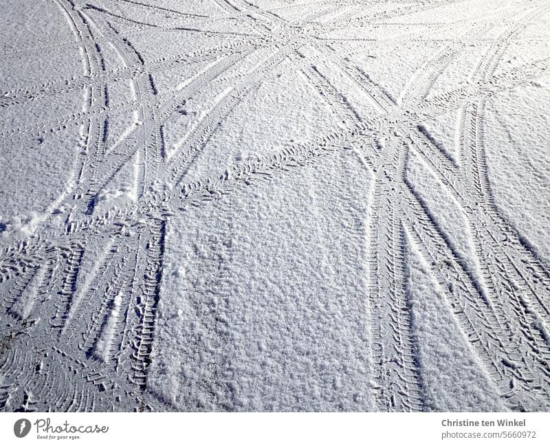 Reifenspuren im Schnee Winter Reifenabdrücke auf Schnee verschneit Schneedecke Winterstimmung frühmorgens Wintertag Spuren winterlich Kälte schneebedeckt Umwelt