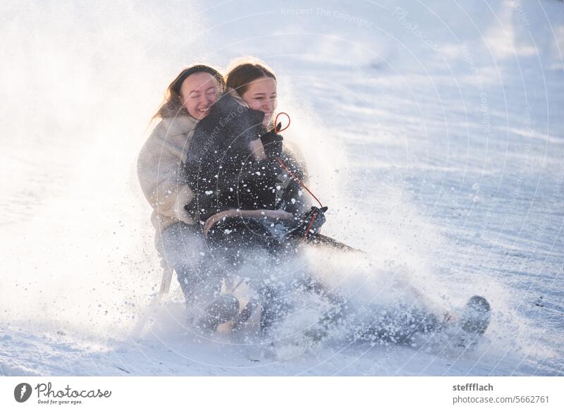 Zwei Jugendliche rasen schneestaubend auf einem Schlitten durch den Sonnenschein Schnee Winter schlittenfahren Kinder Sonnenlicht Rodeln Rodelbahn kalt Piste