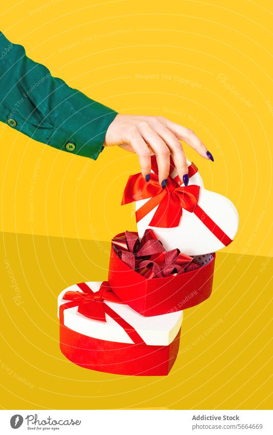 Anonyme Hand, die den Deckel eines herzförmigen Geschenkkartons anhebt und einen weiteren Herzkarton auf gelbem Hintergrund freigibt Kasten Form Bändchen rot