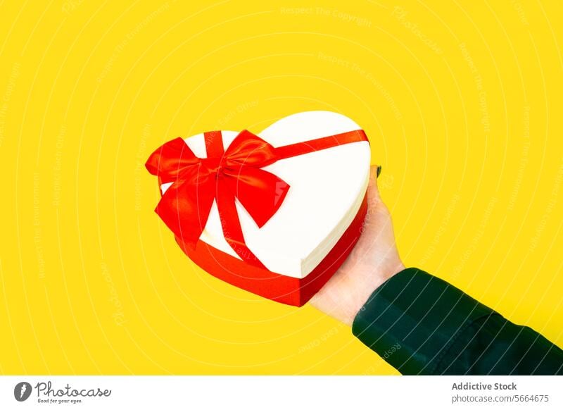 Anonyme Hand, die einen herzförmigen Geschenkkarton mit roter Schleife vor gelbem Hintergrund hält Kasten Herz Form Bändchen Beteiligung Valentinsgruß Liebe