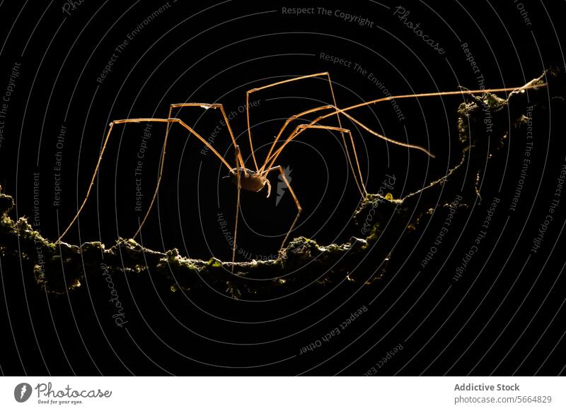 Silhouette einer Spinne vor einem dunklen Hintergrund dunkel Hintergrundbeleuchtung unheimlich filigran Pose schlanke Bein Körper Grundriss schwarz Pechschwarz