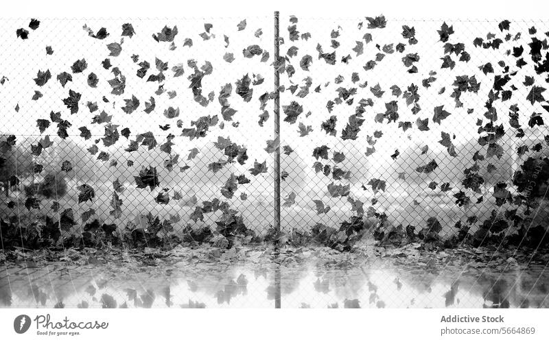 Schwarz-Weiß-Fotografie, die das poetische Zusammenspiel von herabgefallenen Blättern, die sich in einem Maschendrahtzaun verfangen haben, und ihrer Reflexion, die ein Spiegelbild auf einer nassen Oberfläche darunter erzeugt, festhält