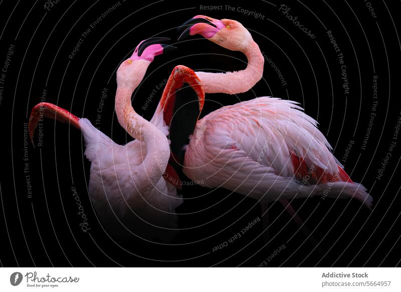 Elegante Flamingos im Zusammenspiel vor einem dunklen Hintergrund Vogel Interaktion Tierwelt Natur Gefieder rosa weiß schwarzer Hintergrund Eleganz wild