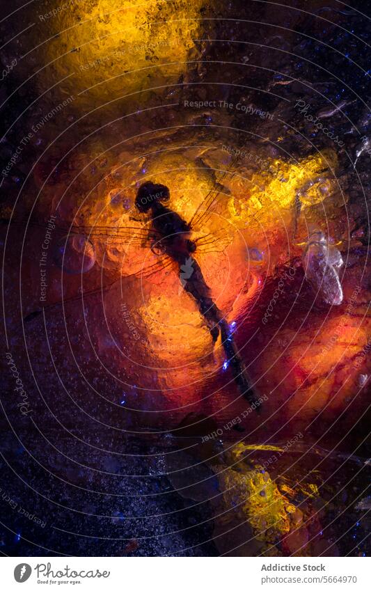 Eine in bernsteinfarbenen Frosttönen gehüllte Libelle mit einem Hintergrund aus feurigen Rot- und Gelbtönen, die einen auffälligen Kontrast zu den umgebenden kalten blauen Texturen bilden und an ein warmes Feuer erinnern, das auf den kalten Winter trifft