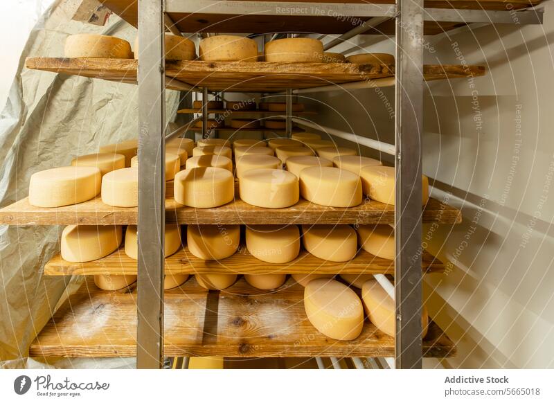 Käseräder reifen auf Holzregalen in einem Reiferaum eines Käsers und zeigen das Reifestadium Rad Alterung hölzern Regal Aushärten Raum Herstellerin Reifung