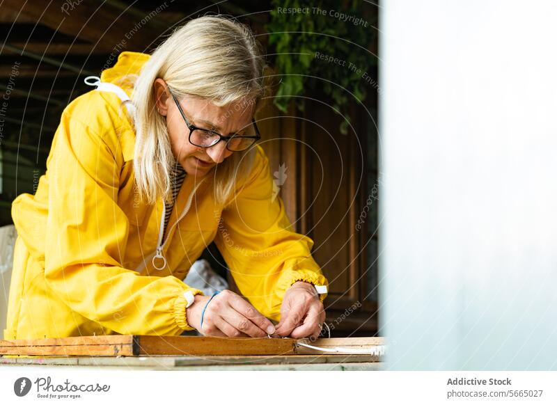 Ältere Frau bei der Arbeit in einer Bienenstockwerkstatt Bienenkorb fixieren gesamt Brille Rahmen Fokus Dame Senior errichten hölzern Werkstatt gealtert