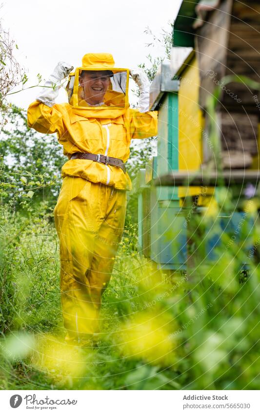 Positive reife Imkerin in gelbem Schutzanzug mit Schleier und Handschuhen stehend und lächelnd im Bienenstock Frau Lächeln Bienenkorb gesamt Glück heiter Dame