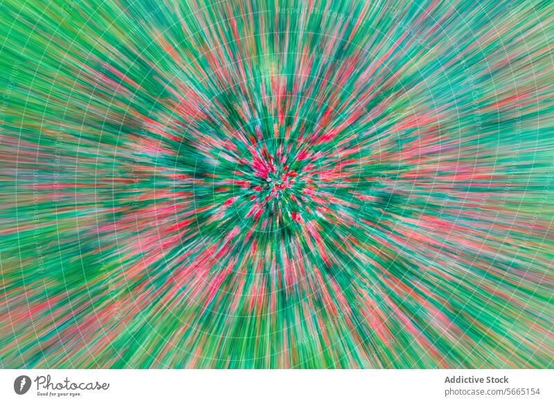 Abstraktes Bild eines Feldes mit einem radialen Bewegungsunschärfe-Effekt, der eine lebhafte Explosion von roten und grünen Streifen erzeugt abstrakt