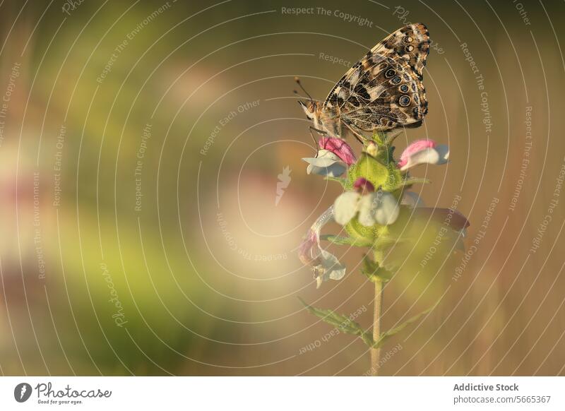 Ein Vanessa cardui Schmetterling mit komplizierten Flügelmustern hockt auf einer zartrosa und weißen Blüte, mit einem verträumten, verschwommenen Wiesenhintergrund im weichen Licht eines späten Frühlingsnachmittags