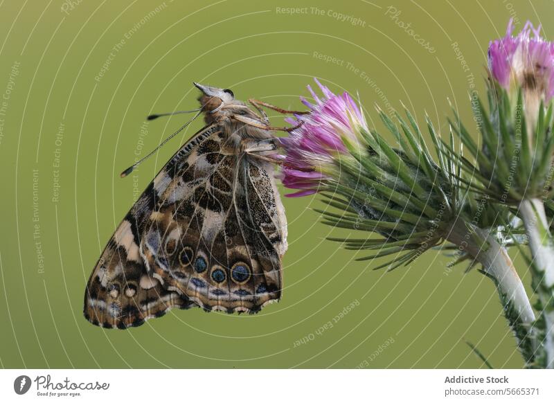 Nahaufnahme eines Vanessa cardui-Schmetterlings mit braunen, orangefarbenen und weißen Flügeln, der sich an einer lila Distelblüte vor einem glatten grünen Hintergrund festhält