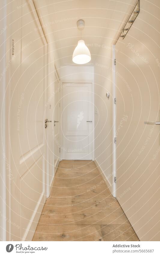 Langer Korridor mit geschlossenen weißen Türen zugeklappt Wand lang Flur Saal modern Appartement beleuchtet Schmuckanhänger Licht erhängen Zimmerdecke Stock