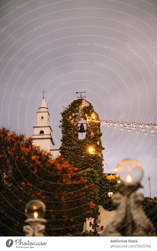 Mit Efeu und Lichtern geschmückter Kirchturm in der Abenddämmerung in Bogotá, Kolumbien Dämmerung Kirche Turm Lampe Lichtergirlande Abendhimmel Architektur