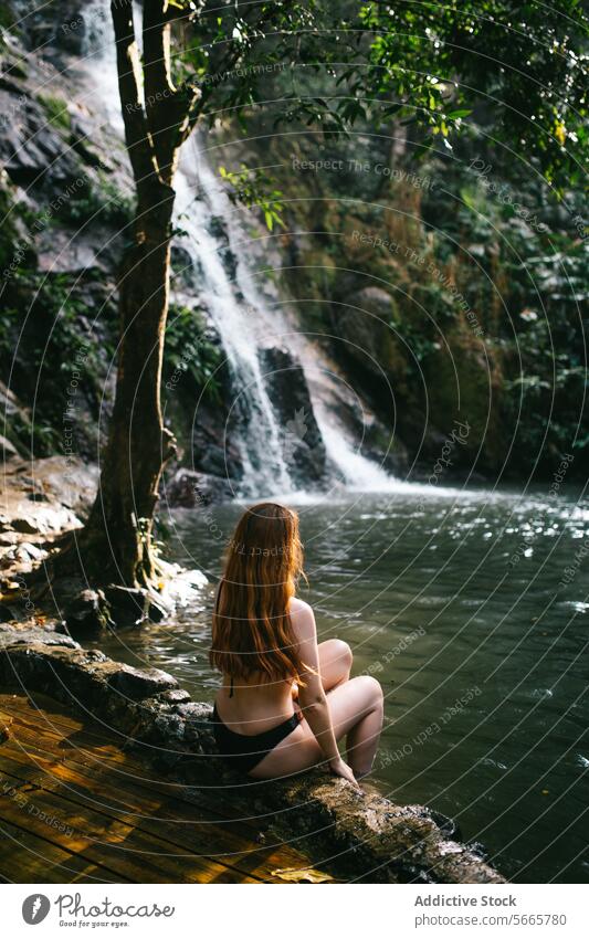 Ruhiger Moment an einem tropischen Wasserfall in Minca, Kolumbien Person Gelassenheit abgelegen Sitzen üppig (Wuchs) Grün Natur Ruhe friedlich Windstille