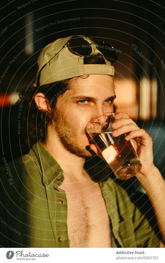 Junger Mann genießt ein Getränk im warmen Sonnenlicht jung trinken entspannt Erwachsener männlich stylisch lässig Verschlussdeckel Sonnenbrille Stimmung