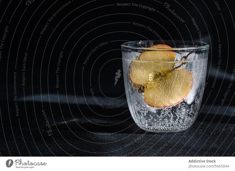 Tonic Water mit einer Apfelscheibe in einem Glas vor einem dunklen, stimmungsvollen Hintergrund mit dramatischer Beleuchtung Wasser Scheibe trinken Getränk