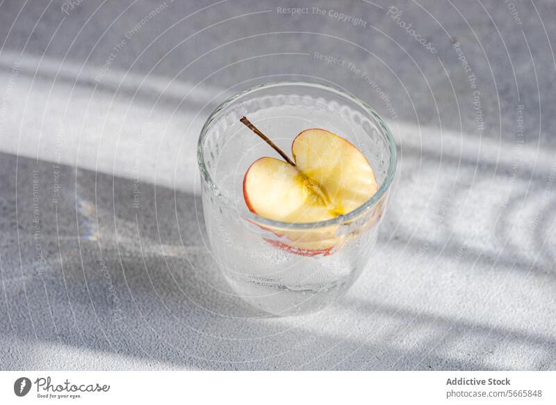 Von oben Glas Tonic Water mit einer Apfelscheibe, mit weichen Schatten und leichten Texturen im Hintergrund Wasser Scheibe trinken Getränk Erfrischung sprudelnd