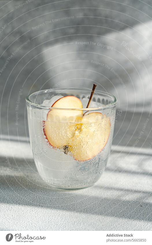 Nahaufnahme eines Glases Tonic Water mit einer Apfelscheibe, wobei die Bläschen und das erfrischende Aussehen des Getränks hervorgehoben werden Wasser Scheibe