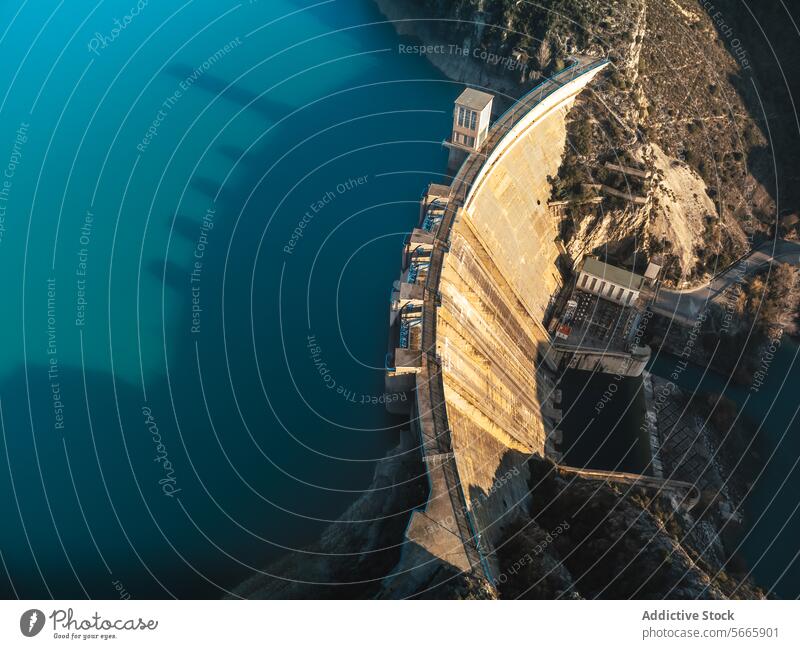 Draufsicht dramatische Luftperspektive eines Staudamms, der bei Sonnenaufgang oder Sonnenuntergang lange Schatten auf das Wasser wirft Damm Stausee Wasserkraft