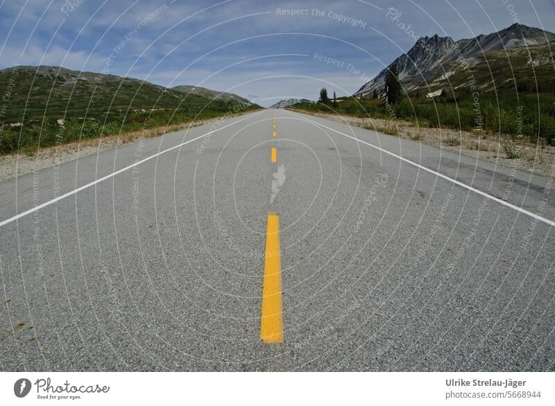 Alaska | einsame Straße in unendliche Weiten mit gelber Markierung Strasse Straßenverlauf alleine Fahrbahnmarkierung Asphalt Verkehrswege Mobilität