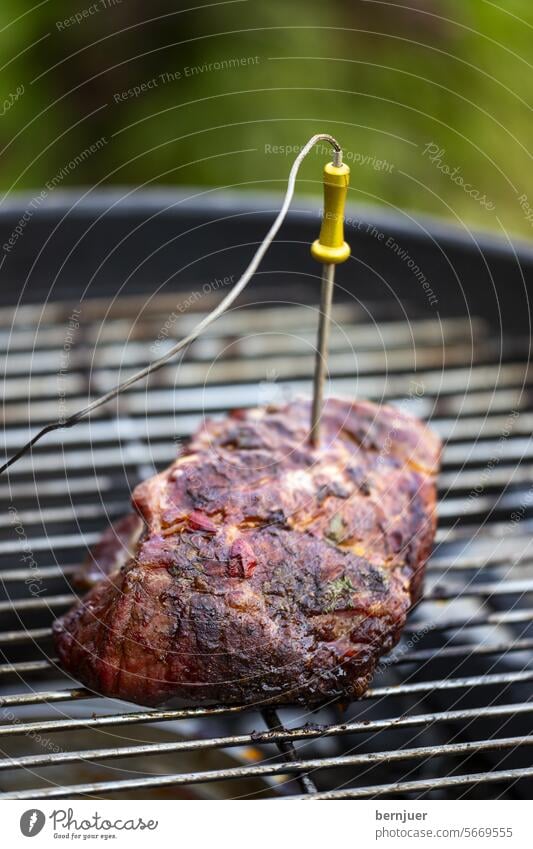 Messung der Hitze in einem Steak messen Thermometer Temperatur Grillen Fleisch Essen Kochen Gegrilltes Schweinefleisch heiß Mahlzeit Braten Kugelgrill BBQ