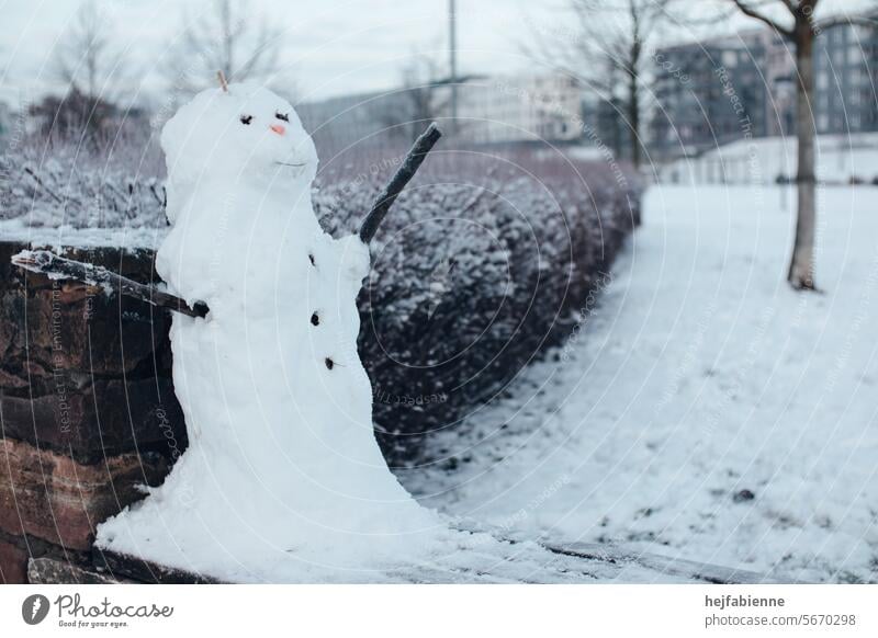 Schneemann mit ausgestreckten Armen auf einer Mauer mit Park und Wohnanlage im Hintergrund Winter Frost kalt Jahreszeiten gefroren ausgestreckte arme empfangen