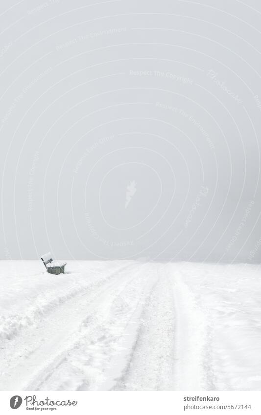 Weg ins Ungewisse mit Pausenangebot Winter Schnee Nebel Bank Parkbank kalt düster traurig Natur Einsamkeit Frost weiß Menschenleer ruhig Außenaufnahme