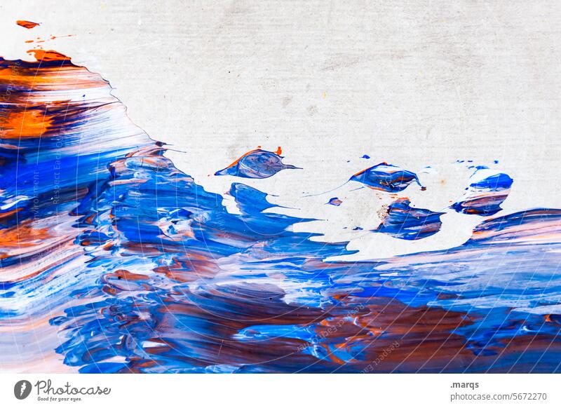 Fliegende Fische Wand Farbe Farbstoff Flüssigkeit Lack Kunst blau weiß orange abstrakt Nahaufnahme Strukturen & Formen Hintergrundbild Dynamik Kreativität