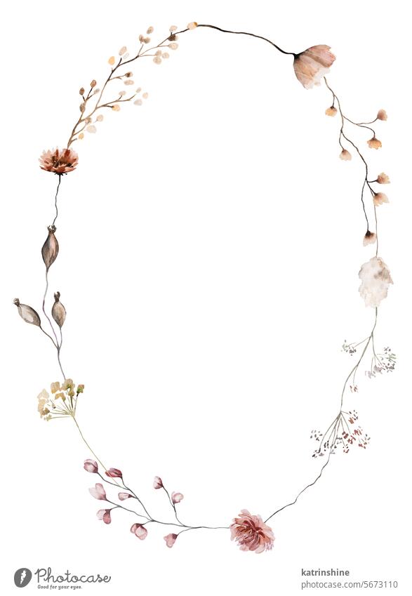 Rahmen mit Aquarell Herbst wilde Blumen und Blätter, braun und beige Hochzeit Illustration Geburtstag botanisch Zeichnung Element Garten handgezeichnet