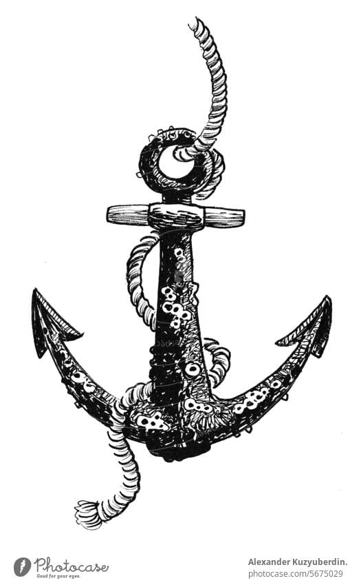 Alter rostiger Anker. Handgezeichnete Tinte schwarz und weiß Zeichnung alt marin nautisch Metall MEER Meer Flotte Kunst Kunstwerk Skizze Tusche