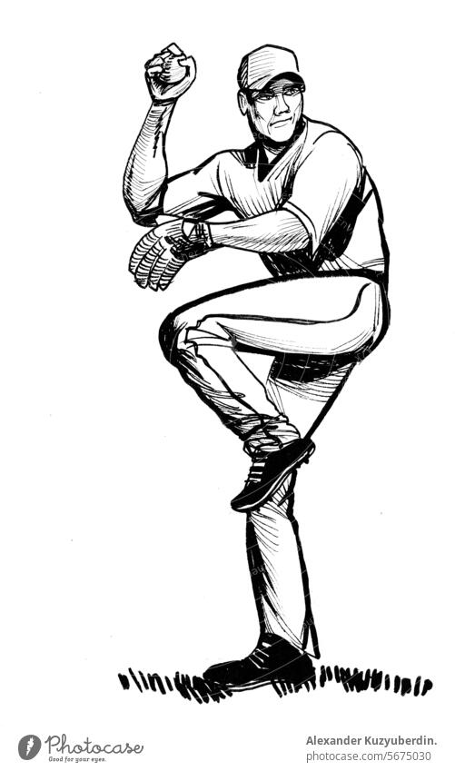 Baseballspieler. Hand gezeichnete Tinte schwarz und weiß Zeichnung Spieler Spielen Sport Sportler Athlet Werfen Kunst Kunstwerk Skizze Tusche schwarz auf weiß