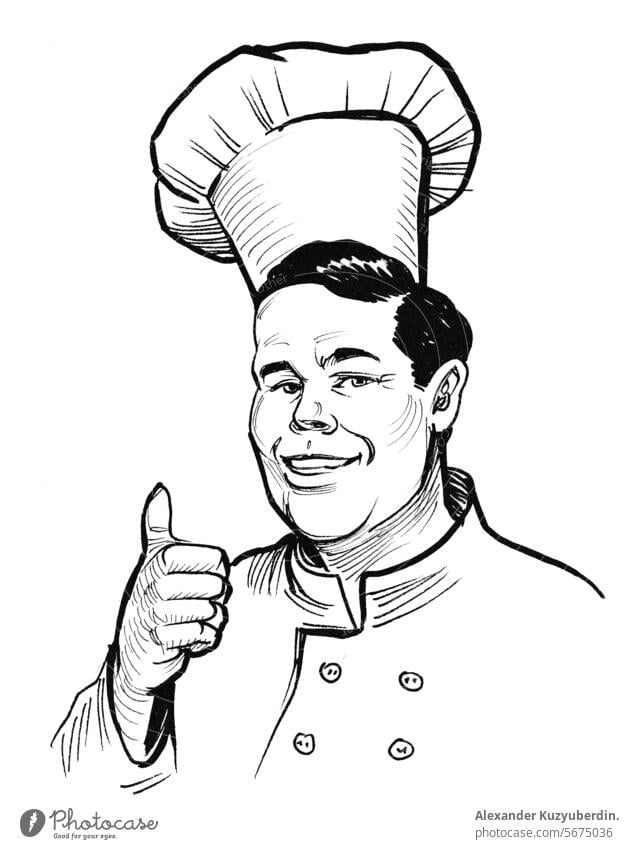 Restaurantkoch mit großem Daumen. Handgezeichnete Tinte schwarz und weiß Zeichnung Küchenchef Koch Essen zubereiten Charakter Mann männlich Person Kunst