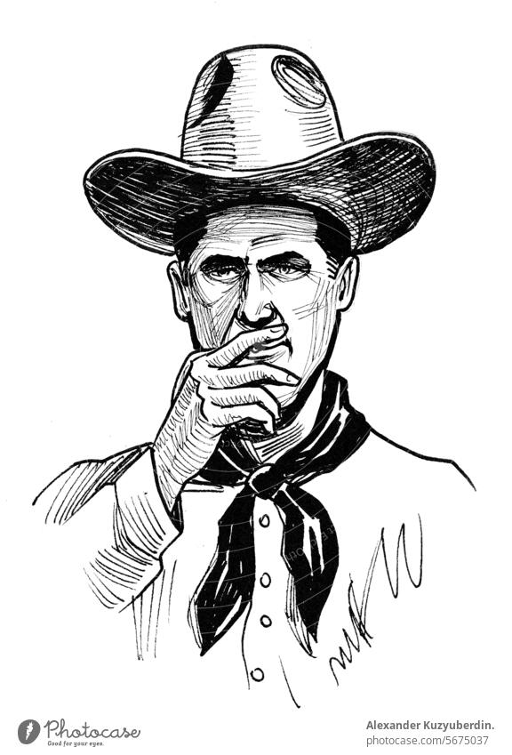 Cowboy raucht Zigarette. Handgezeichnete Tinte schwarz und weiß Zeichnung Rauchen Mann männlich Charakter Person retro altehrwürdig Rancher Kunst Kunstwerk