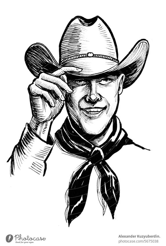 Cowboyfigur mit Hut. Handgezeichnete Tinte schwarz und weiß Zeichnung Charakter Karikatur Gesicht Porträt Kunst Kunstwerk Skizze Tusche retro altehrwürdig