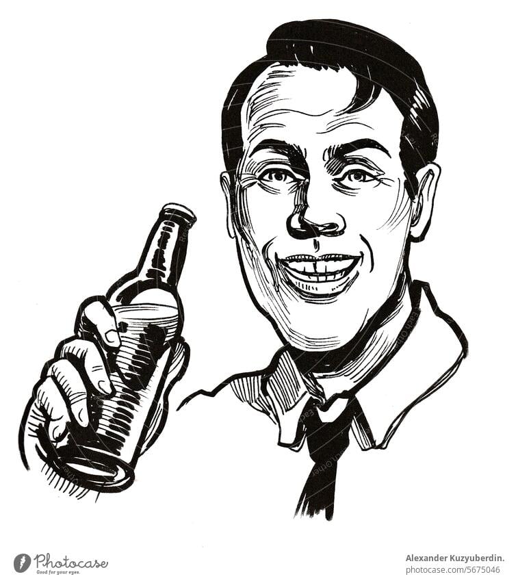Alkoholabhängiger Mann mit einer Bierflasche. Handgezeichnete Tinte schwarz und weiß Zeichnung Flasche trinken alkoholisch männlich Zeichen Karikatur Kunst