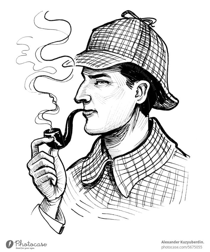 Sherlock Holmes Figur. Handgezeichnete Tinte schwarz und weiß Zeichnung Sherlocj Holmes Detektiv Briten Charakter Kopf Porträt Profil retro altehrwürdig Kunst