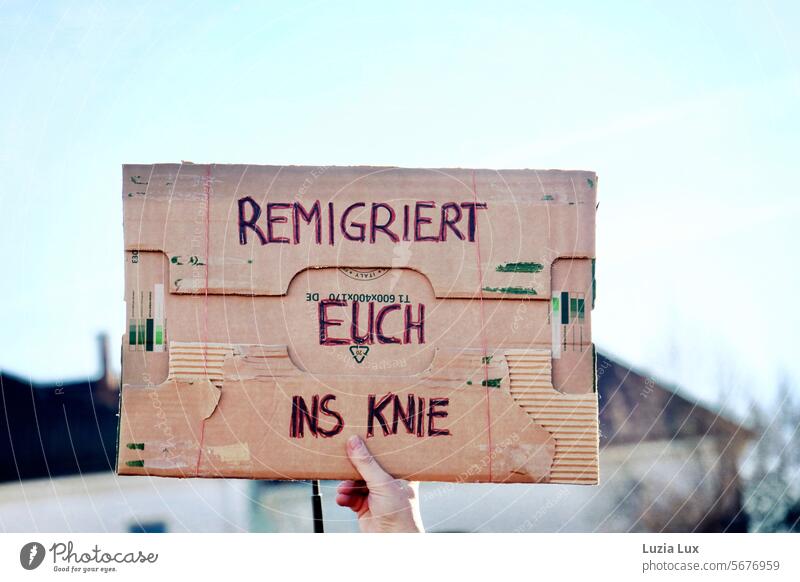 Plakat: Remigriert euch ins Knie Botschaft Widerstand Demo Demonstration Kundgebung gegen rechts protestieren Politik & Staat Solidarität demonstrieren Zeichen