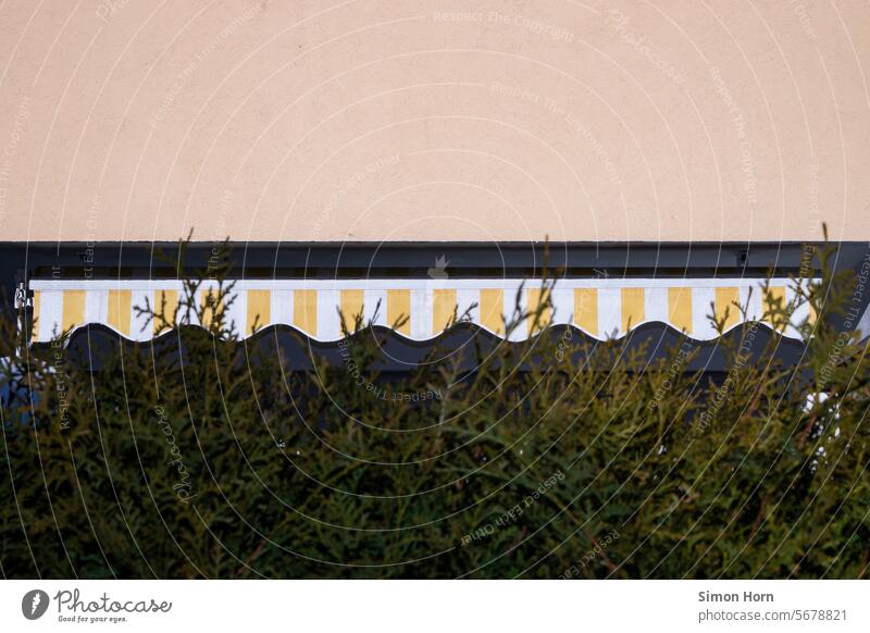 Terrasse mit Markise hinter einer Hecke Sichtschutz Privatsphäre privat Sonnenschutz Privatleben Abschirmung geschlossen Schutz Strukturen & Formen häuslich