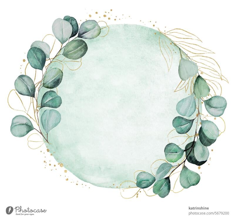Runder Rahmen mit grünen und goldenen Aquarell Eukalyptusblätter, Hochzeit Illustration gemacht Geburtstag botanisch Dekoration & Verzierung Zeichnung Element