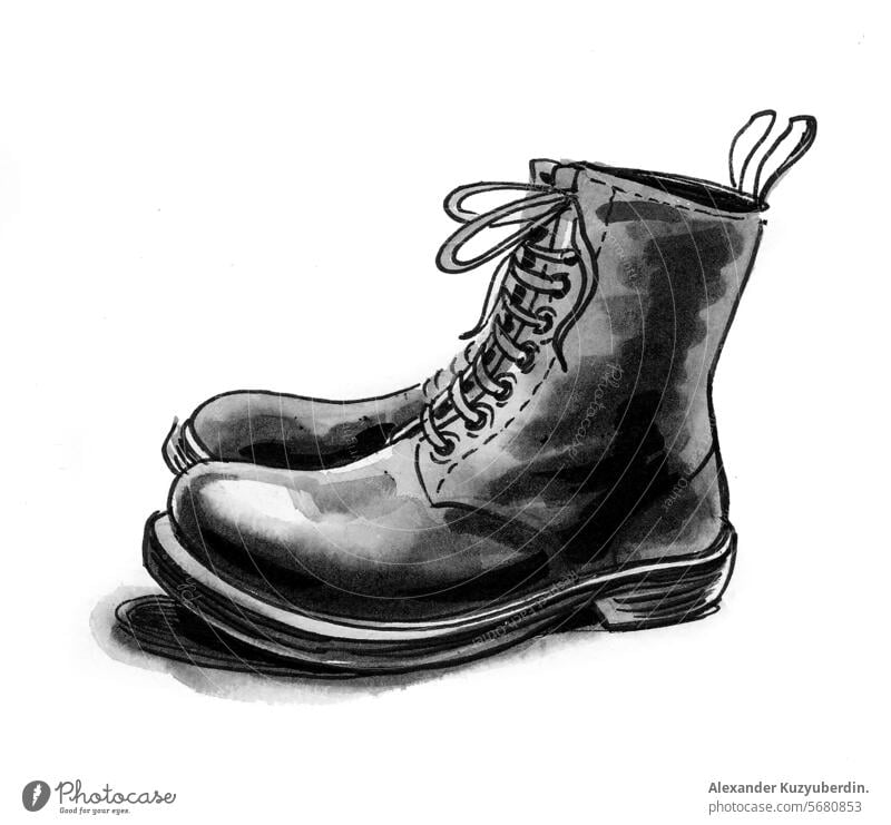 Ein Paar Militärstiefel. Handgezeichnete Tinte und Aquarell Skizze Stiefel Schuhe Gerät Leder schwarz Kunst Kunstwerk Zeichnung Wasserfarbe
