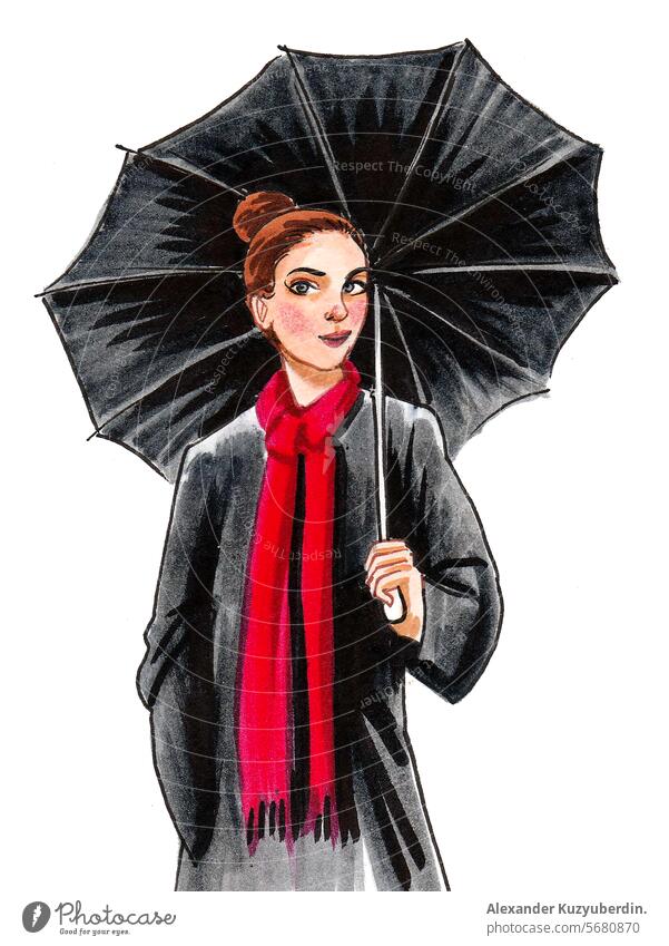 Hübsche Frau mit Regenschirm. Tinte und Aquarell Skizze Mädchen Schönheit Mode skethc schön hübsch Karikatur Kunst Kunstwerk Zeichnung