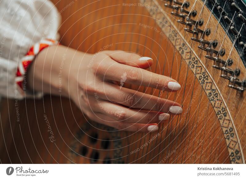 Frau spielt auf dem traditionellen ukrainischen Instrument Bandura oder Pandora akustisch Kunst bandura Bandurist klassisch Klassik Nahaufnahme Konzert Kultur