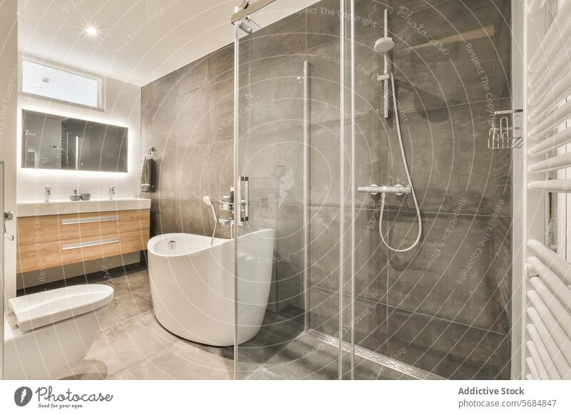 Modernes Badinterieur mit eleganten Armaturen Innenbereich modern Vorrichtung Design Zeitgenosse begehbare Dusche Waschbecken minimalistisch wandmontiert