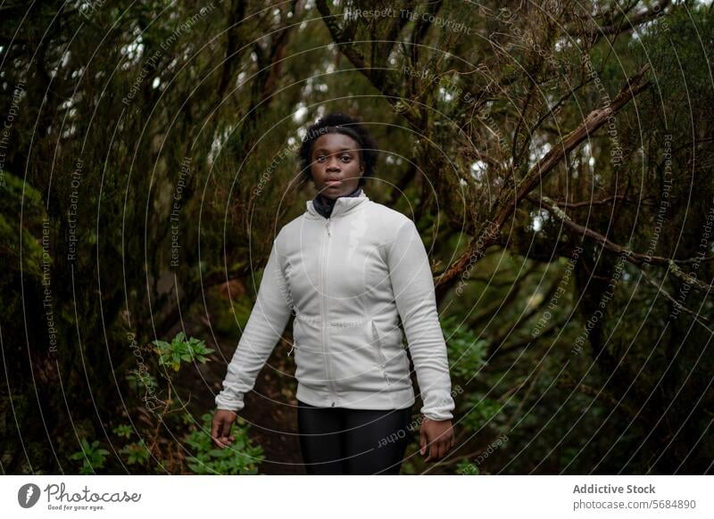 Schwarze Frau, die einen Weg im Wald entlanggeht Tourist Spaziergang Windstille Baum Park allein Landschaft jung lässig Afroamerikaner ethnisch schwarz ernst